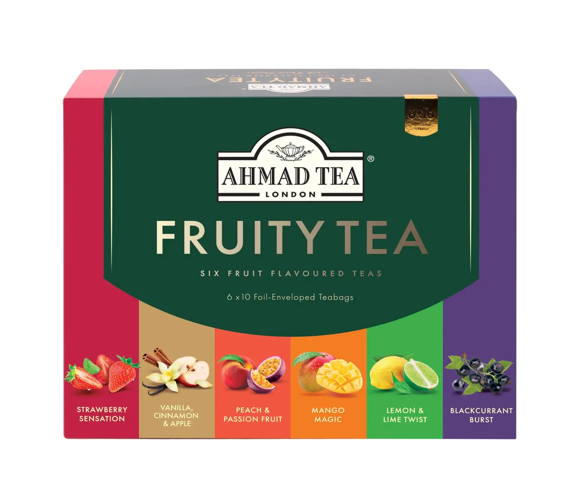 Ahmad Tea Black & Green Tea, Fruitytea Assorted Sampler, 60 Foil Teabags | Sugar-Free & Caffeinated - main product image