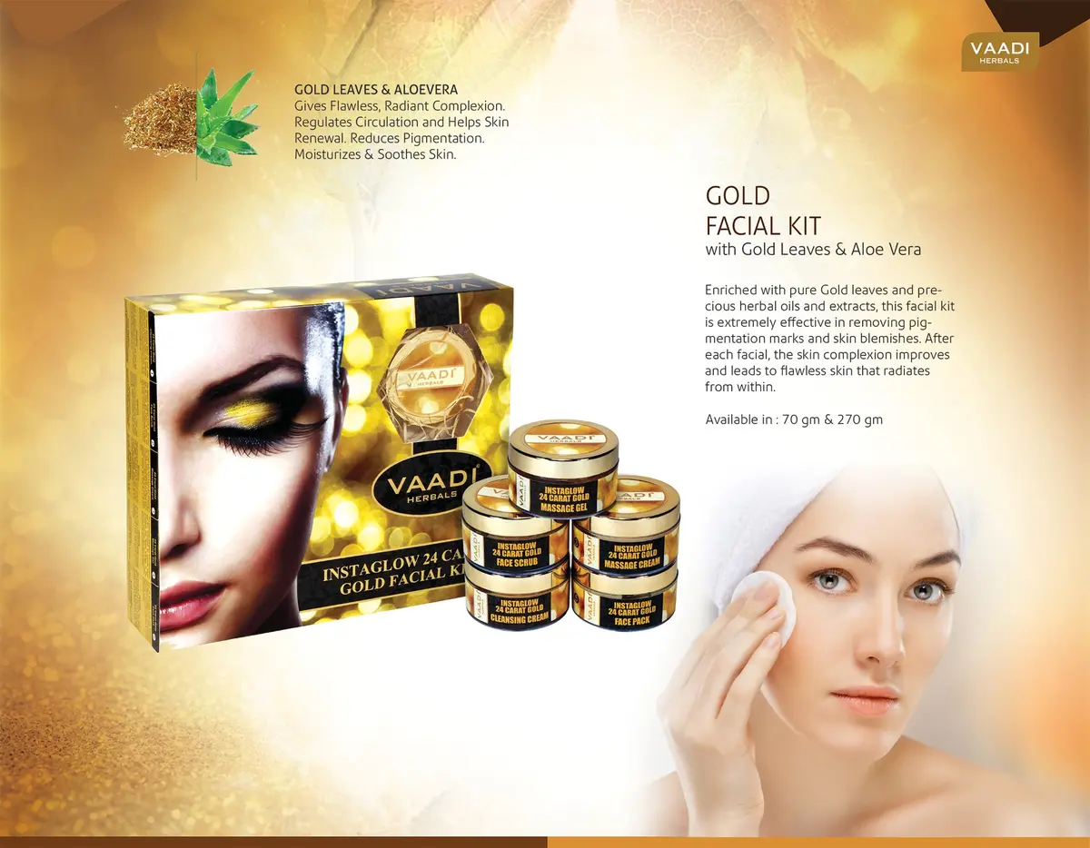 Vaadi Herbals Gold Facial Kit with 24 Carat Gold Leaves 70g (2.47 oz) | Rejuvenating Face Care - view 3