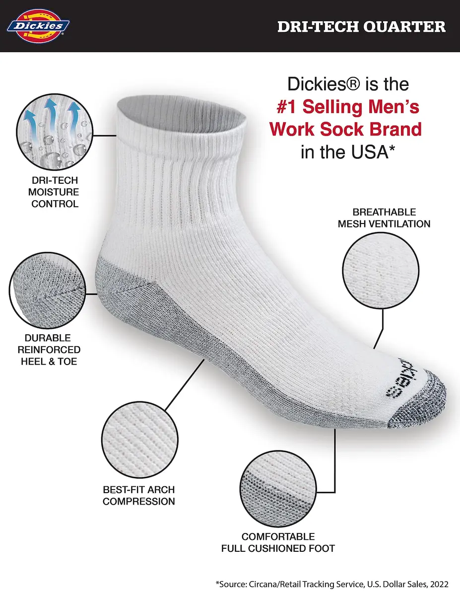 Dickies Dri-Tech Moisture Control Quarter Socks Large | Moisture-Wicking, Full Cushion Comfort - view 4