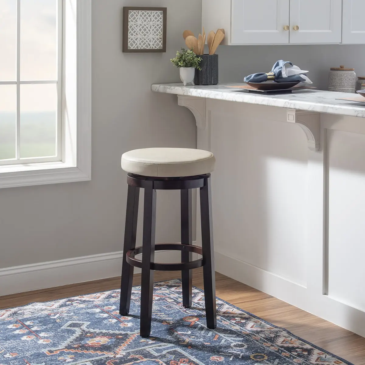 Linon Maya Bar, 29" Rice Stool | Swivel Backless Barstool with Plush Upholstery - view 3