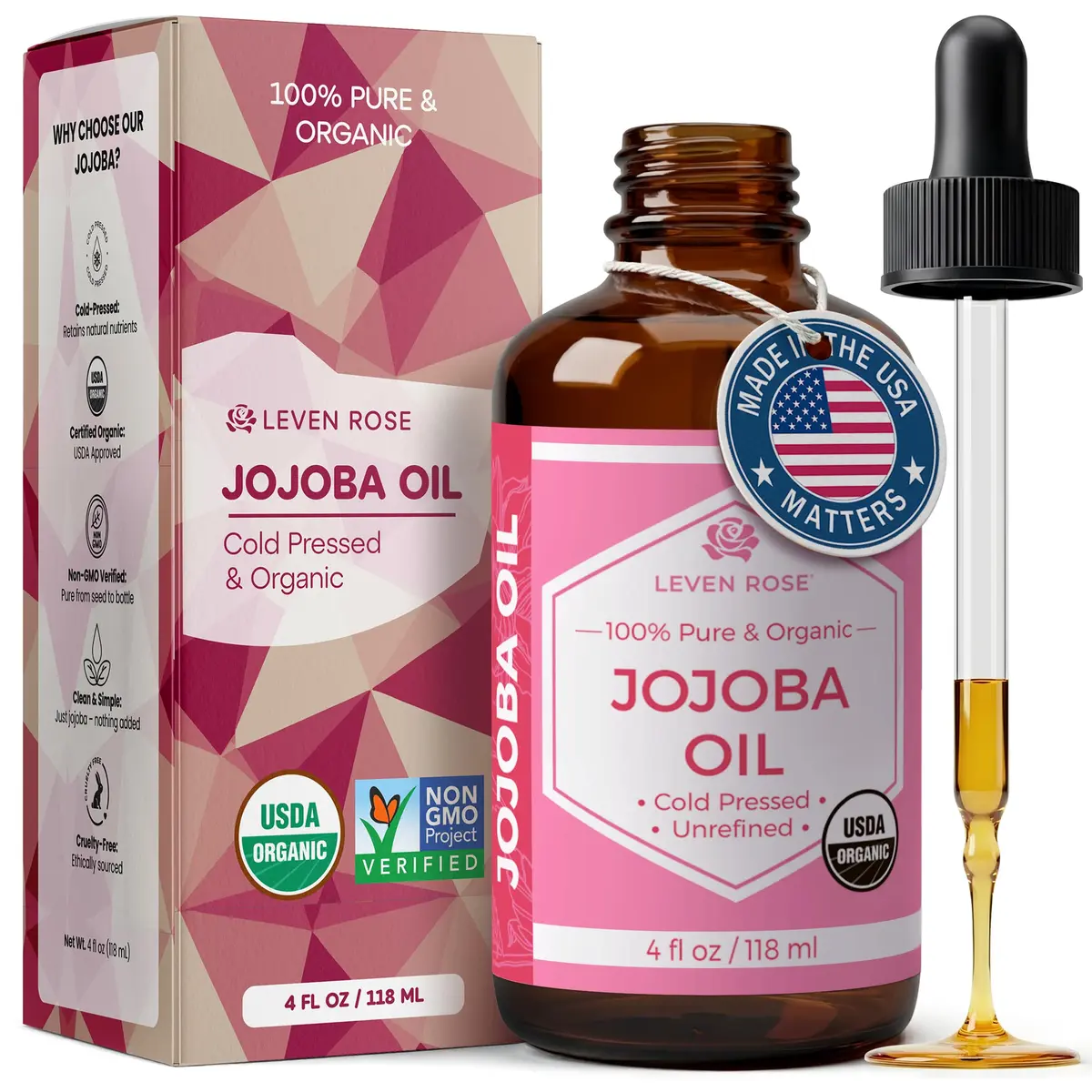 Leven Rose Organic Jojoba Oil for Skin, Hair & Nails 118ml (4 Fl Oz) | USDA Certified Organic Cold-Pressed Carrier Oil - main product image