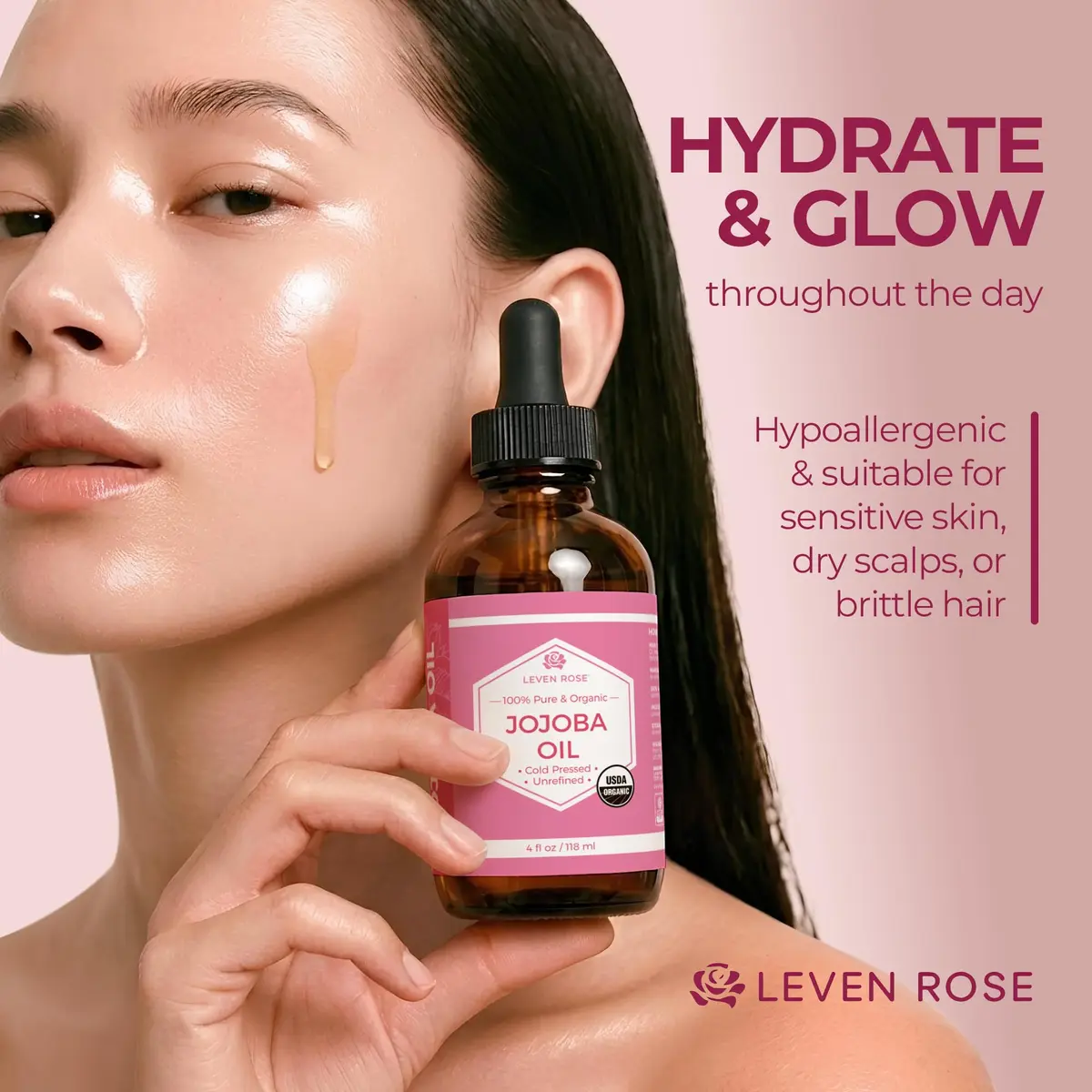 Leven Rose Organic Jojoba Oil for Skin, Hair & Nails 118ml (4 Fl Oz) | USDA Certified Organic Cold-Pressed Carrier Oil - view 5