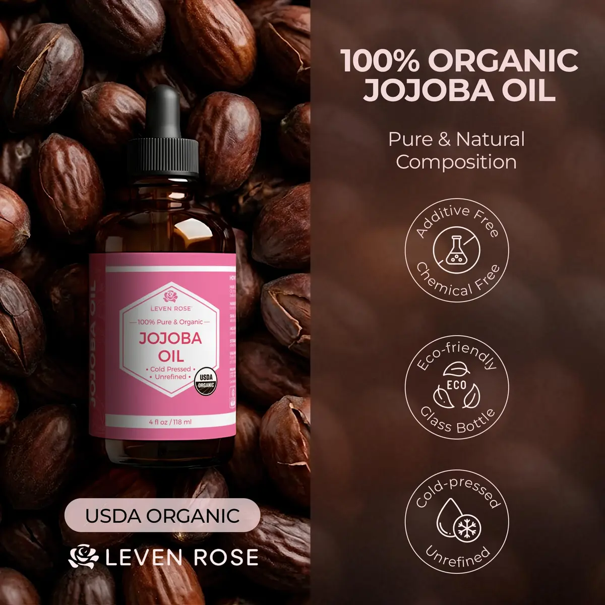 Leven Rose Organic Jojoba Oil for Skin, Hair & Nails 118ml (4 Fl Oz) | USDA Certified Organic Cold-Pressed Carrier Oil - view 2