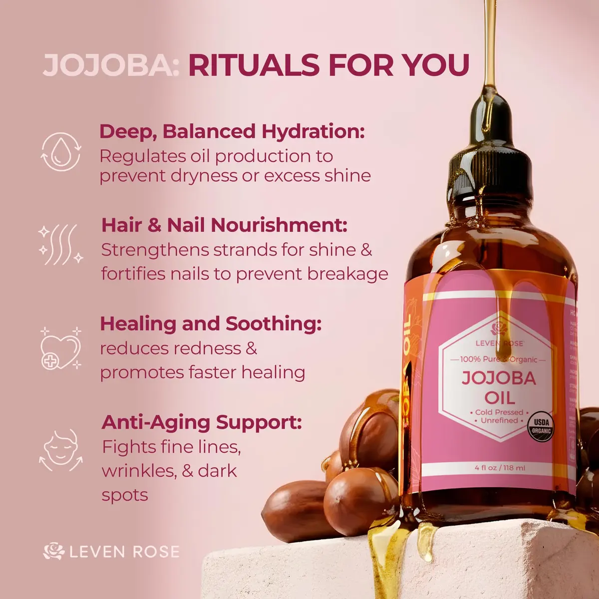Leven Rose Organic Jojoba Oil for Skin, Hair & Nails 118ml (4 Fl Oz) | USDA Certified Organic Cold-Pressed Carrier Oil - view 4