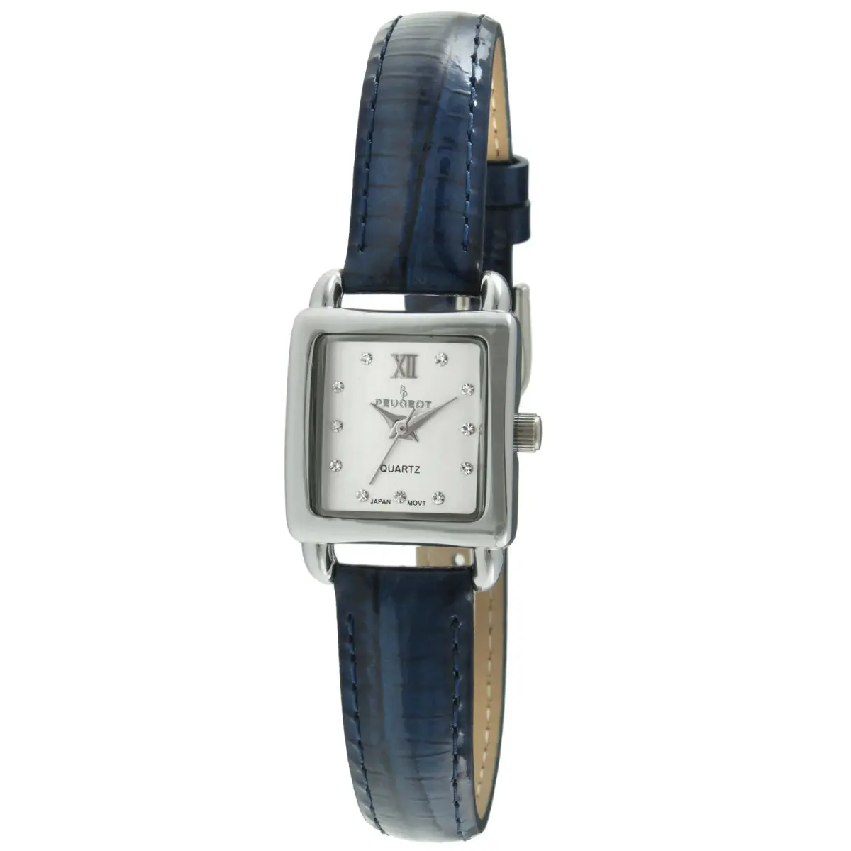 Peugeot Ladies Mini Square Gold Tone Crystal Accented Blue Leather Strap Watch 20mm (0.79in) | Japanese Quartz Movement - main product image