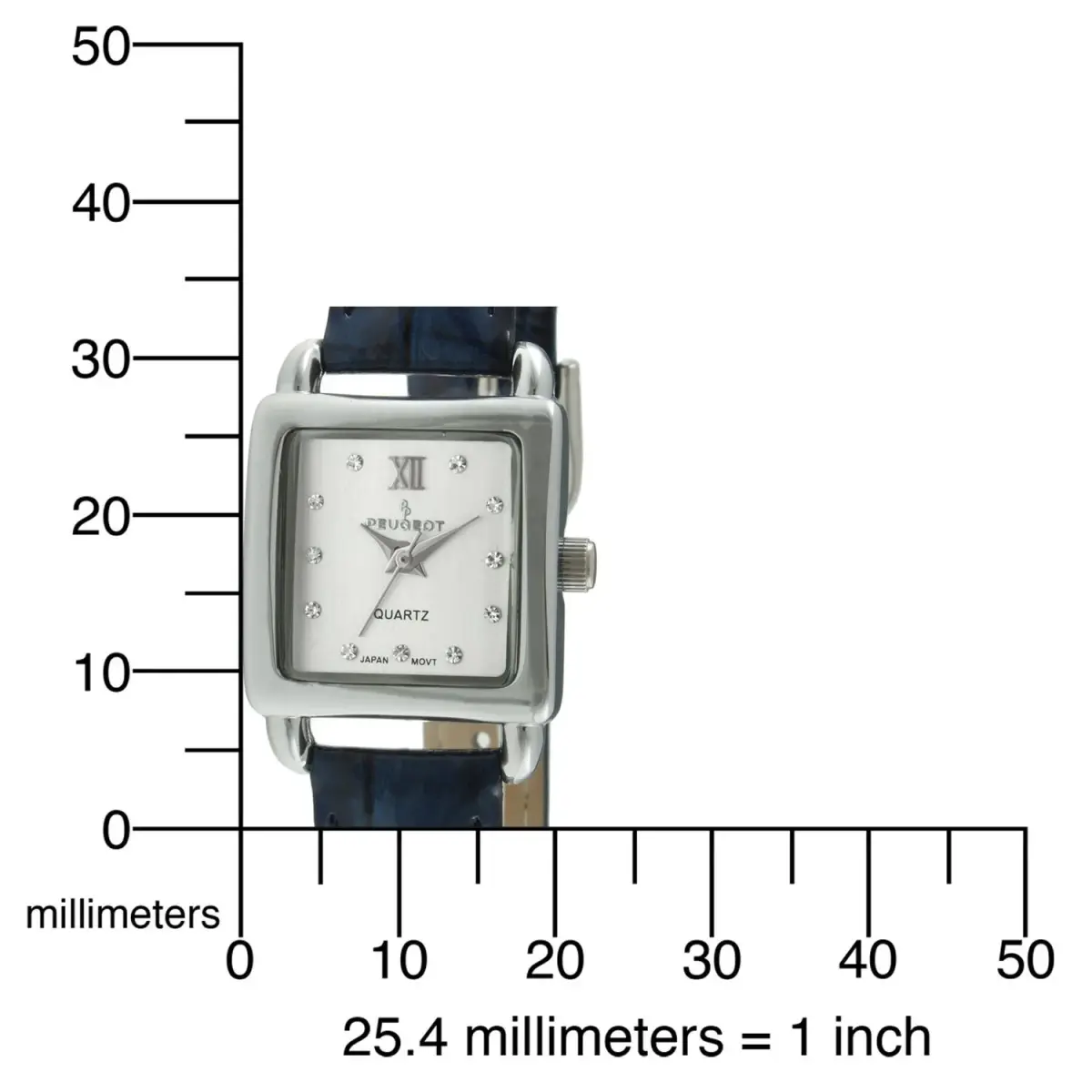 Peugeot Ladies Mini Square Gold Tone Crystal Accented Blue Leather Strap Watch 20mm (0.79in) | Japanese Quartz Movement - view 5