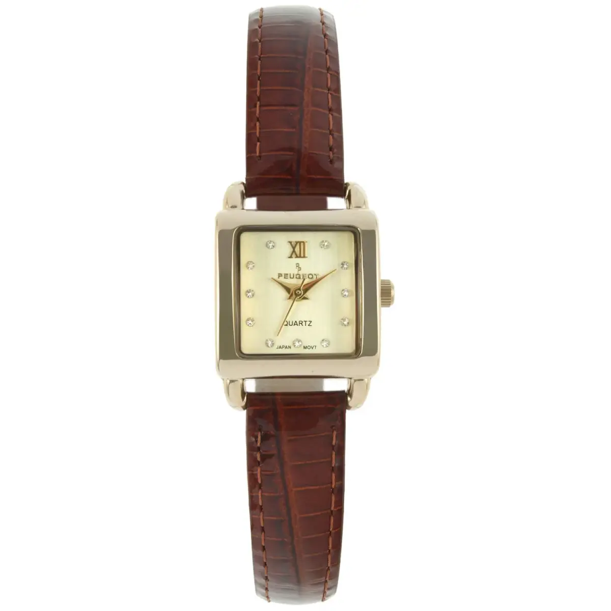 Peugeot Mini Square Gold Tone Crystal Accented Brown Leather Strap Watch 20mm (0.79 inch) | Elegant Analog Watch for Women - main product image