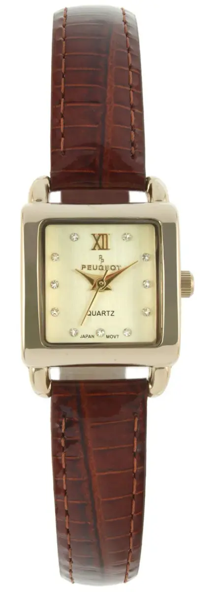 Peugeot Mini Square Gold Tone Crystal Accented Brown Leather Strap Watch 20mm (0.79 inch) | Elegant Analog Watch for Women - main product image