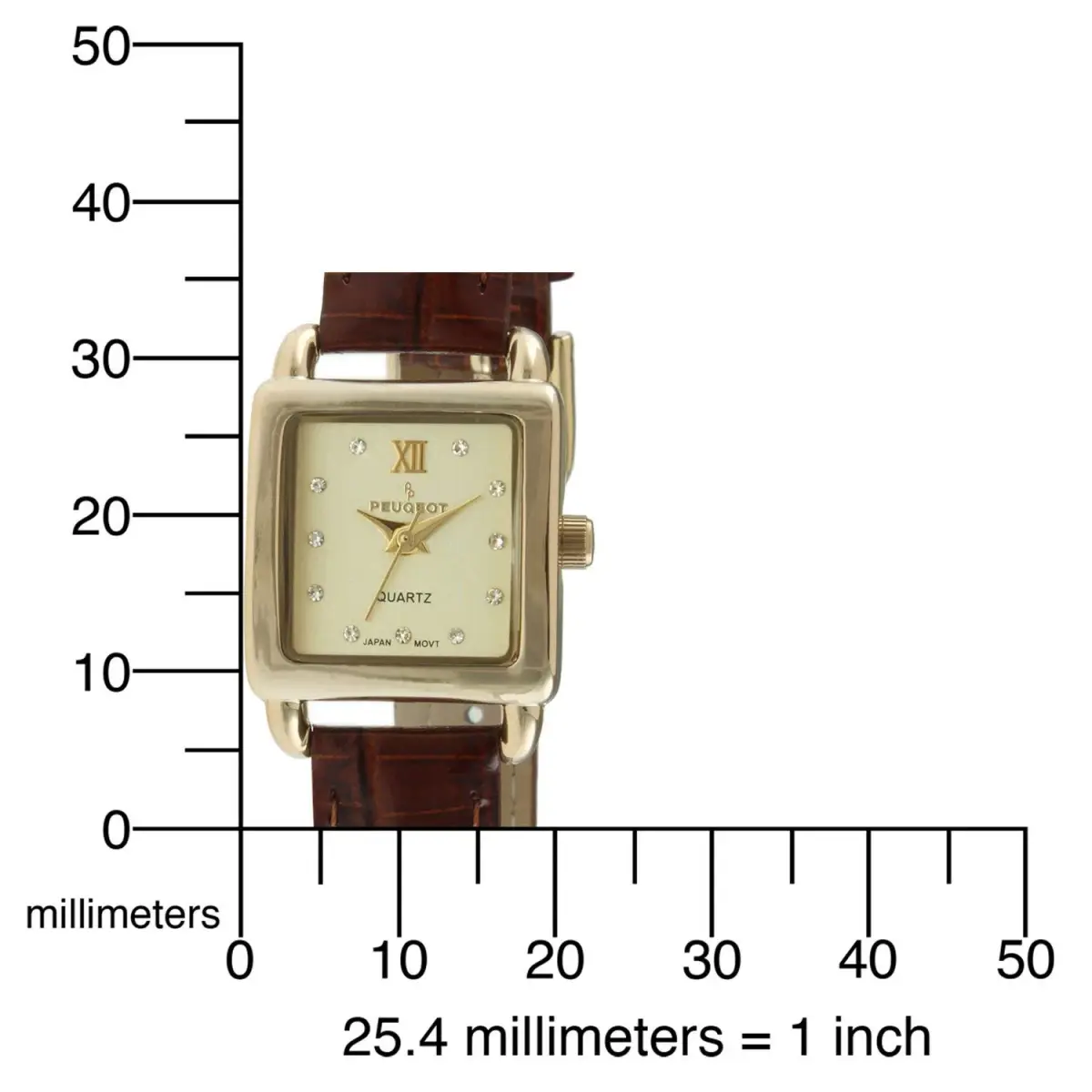 Peugeot Mini Square Gold Tone Crystal Accented Brown Leather Strap Watch 20mm (0.79 inch) | Elegant Analog Watch for Women - view 5