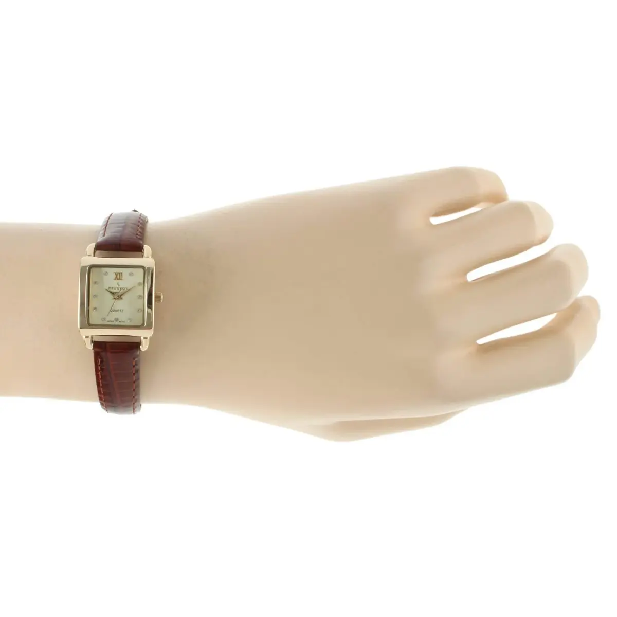 Peugeot Mini Square Gold Tone Crystal Accented Brown Leather Strap Watch 20mm (0.79 inch) | Elegant Analog Watch for Women - view 6