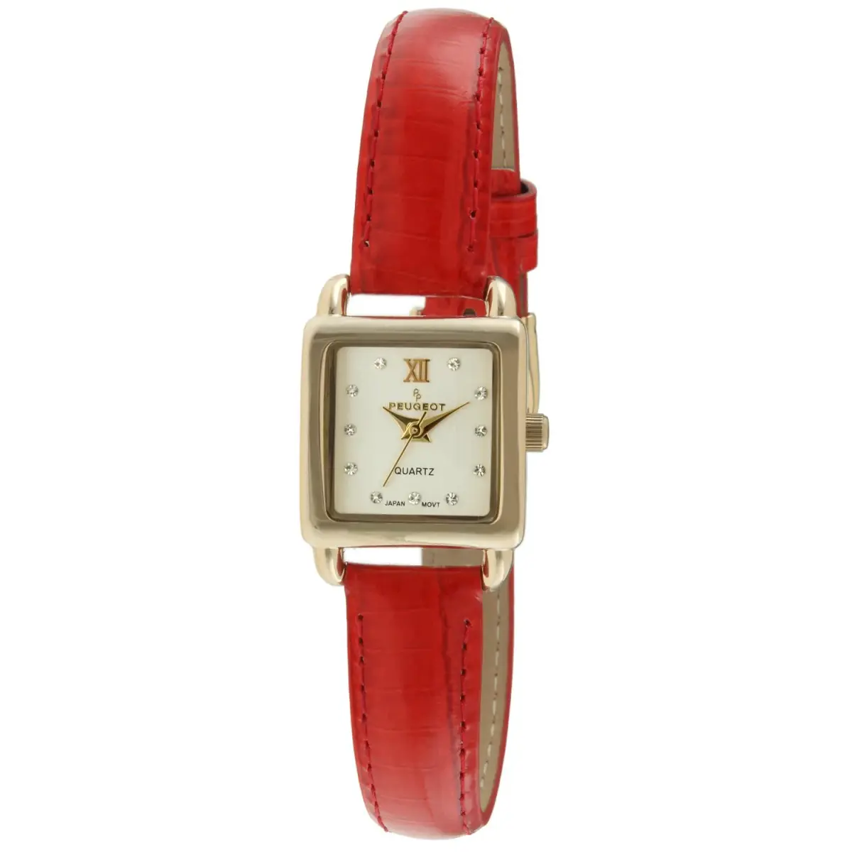 Peugeot Mini Square Gold Tone Crystal Accented Brown Leather Strap Watch 20mm (0.79in) | Japanese Quartz Movement - main product image