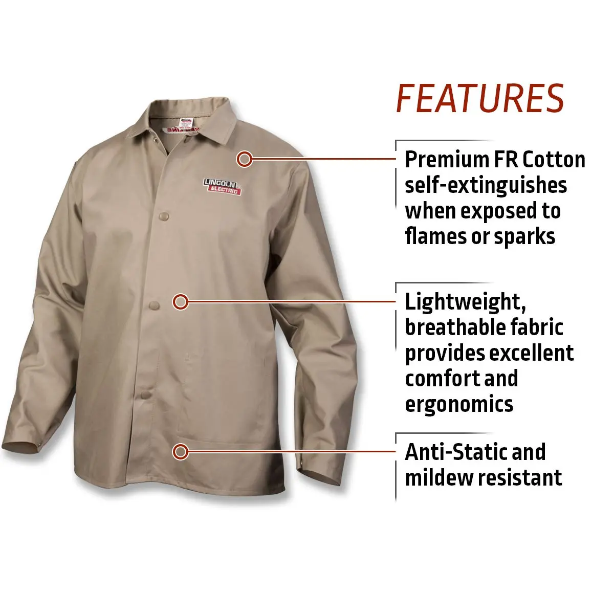 Lincoln Electric Flame Resistant Cotton Welding Jacket | Khaki / Tan | Medium | K3317-M - view 2