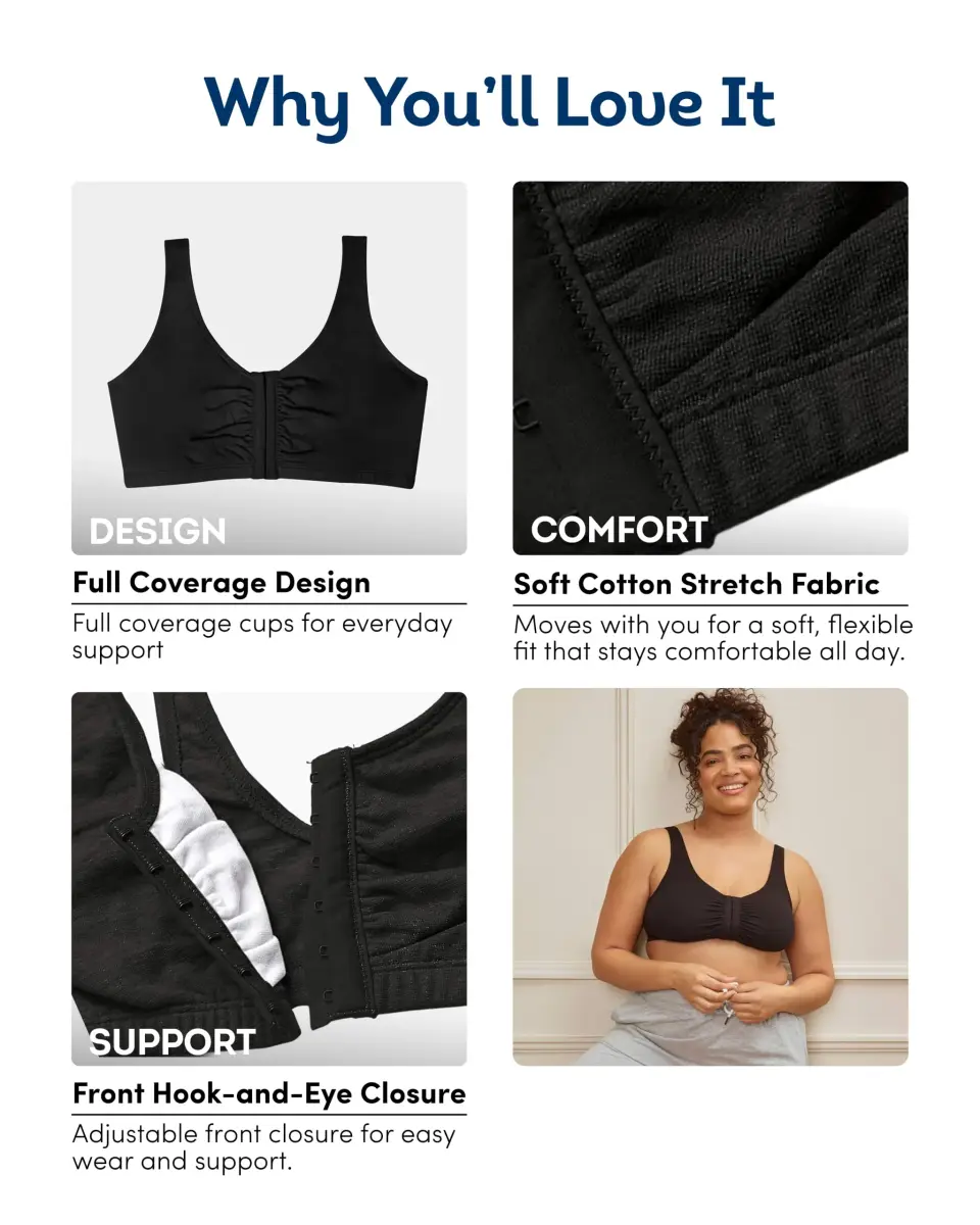 Fruit of the Loom Women's Front-Close Cotton Sports Bra Multi-Pack | Low-Medium Impact, Wire-Free, Full Coverage (2-Pack, Size 46) - view 5