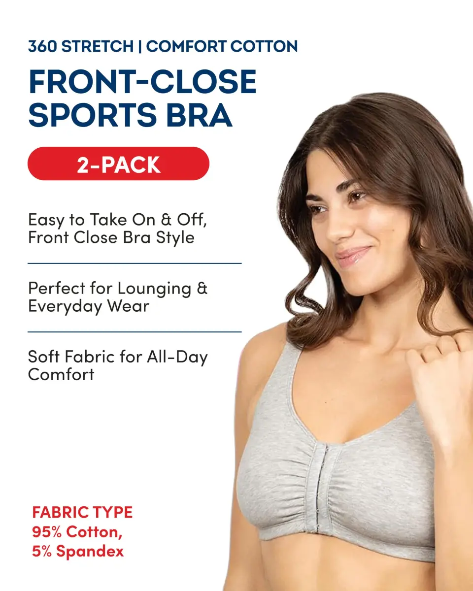 Fruit of the Loom Women's Front-Close Cotton Sports Bra Multi-Pack | Low-Medium Impact, Wire-Free, Full Coverage (2-Pack, Size 46) - view 3
