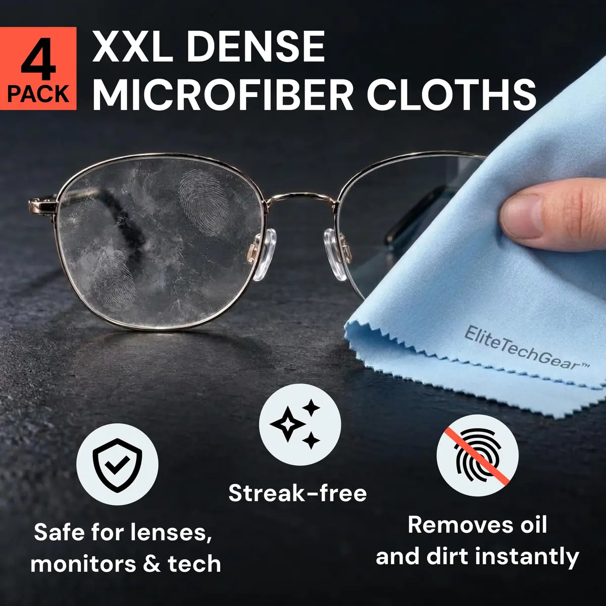 Elite Tech Gear Microfiber Eyeglass Cleaning Cloth, Blue, 6x7 & 12x12, Pack of 6 | Streak-Free, Safe for Coated Lenses - view 2