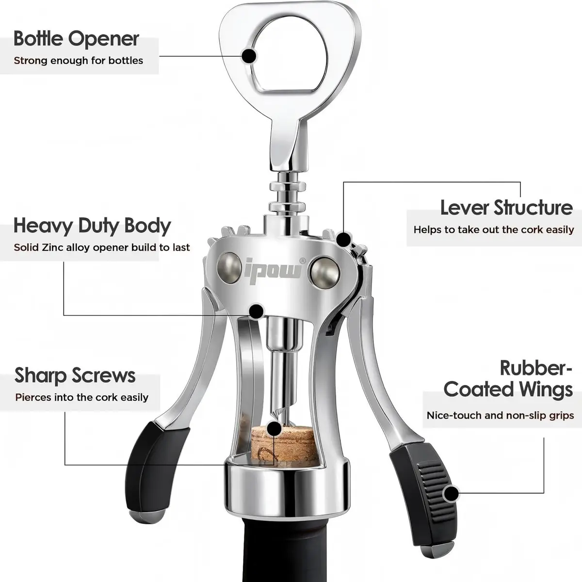 IPOW Wine Bottle Opener, Zinc Alloy Corkscrew, Effortless Cork Removal | Built for Durability & Ease - view 9