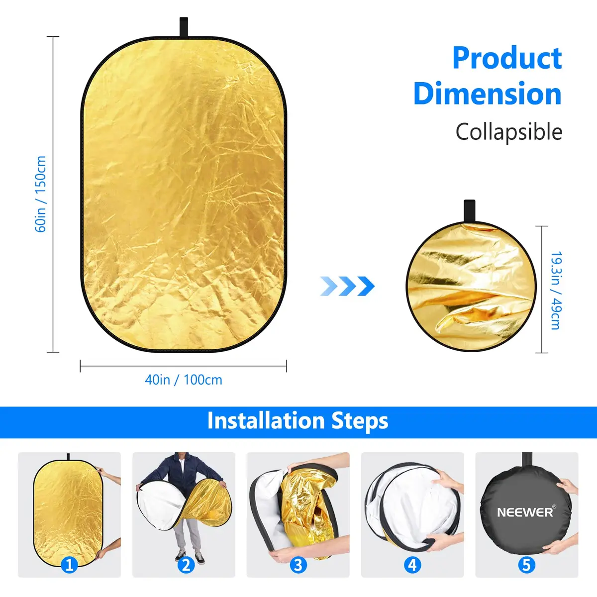 NEEWER 40"x60"/100x150cm Light Reflectors for Photography | Oval, Multi-Color Studio Reflector - view 3