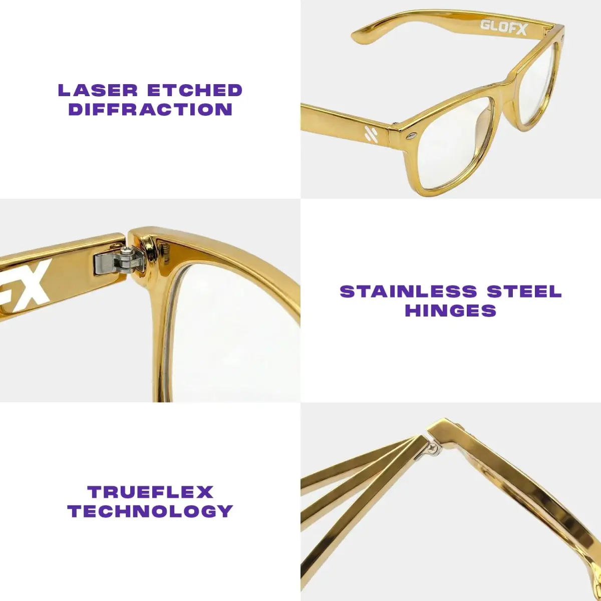GloFX Ultimate Diffraction Glasses - Gold - 3D Prism Rainbow Effect - Great Edm, Festival, Concert, Fireworks, Christmas Lights, and Rave Accessory - Gold Frames - view 4