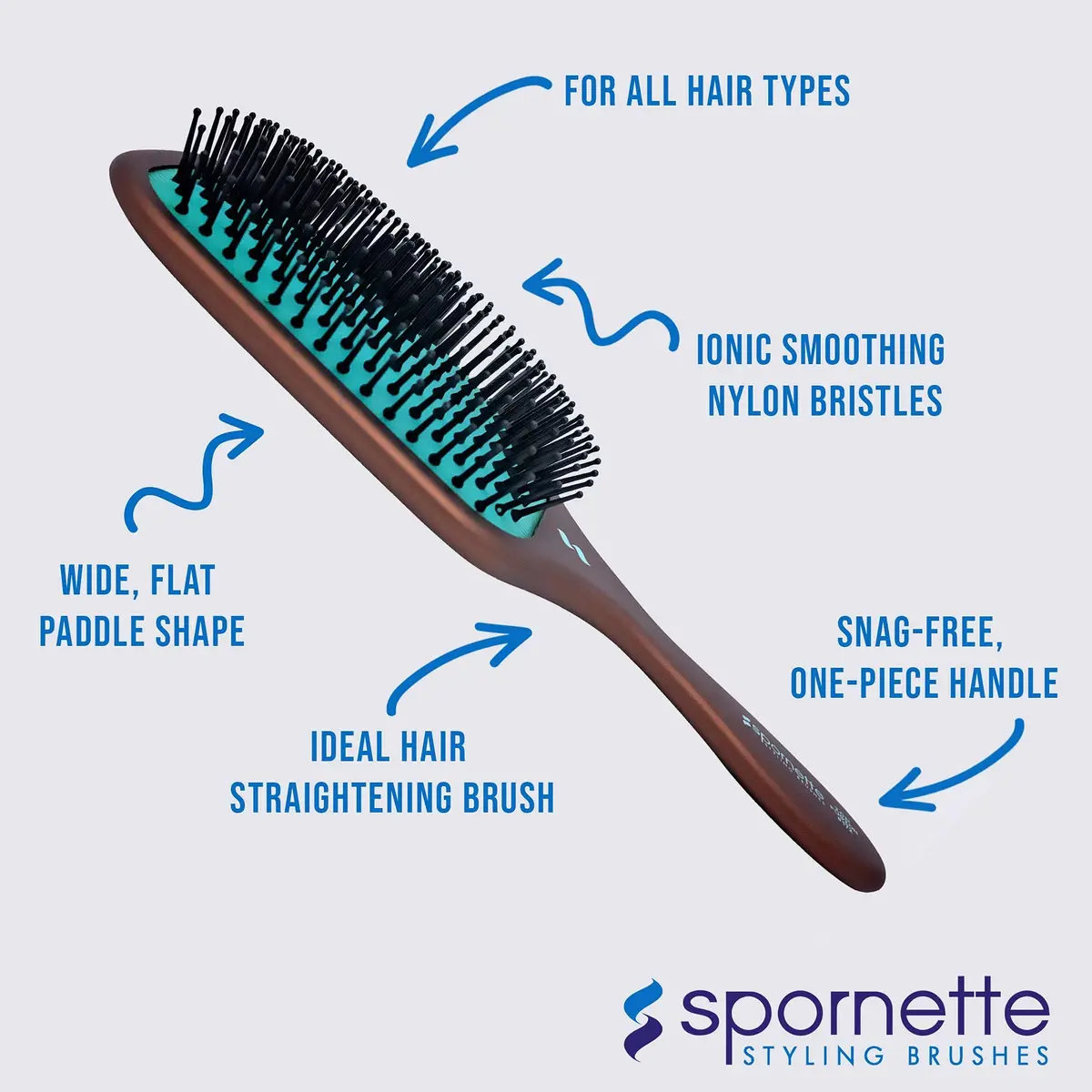 SPORNETTE Ion Fusion Paddle Hair Brush, Ionic Nylon Bristles - For Detangling, Straightening & Smoothing, Medium to Long Hair - All Hair Types For Men, Women and Children | Ionic Nylon Bristles - view 6