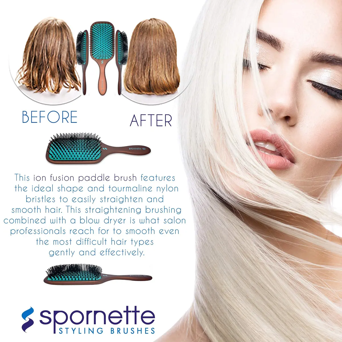 SPORNETTE Ion Fusion Paddle Hair Brush, Ionic Nylon Bristles - For Detangling, Straightening & Smoothing, Medium to Long Hair - All Hair Types For Men, Women and Children | Ionic Nylon Bristles - view 7