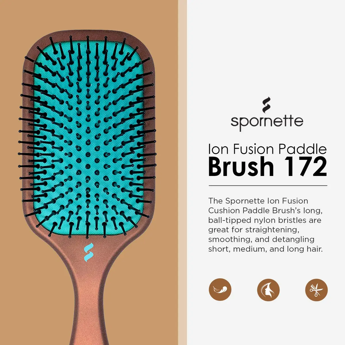 SPORNETTE Ion Fusion Paddle Hair Brush, Ionic Nylon Bristles - For Detangling, Straightening & Smoothing, Medium to Long Hair - All Hair Types For Men, Women and Children | Ionic Nylon Bristles - view 2