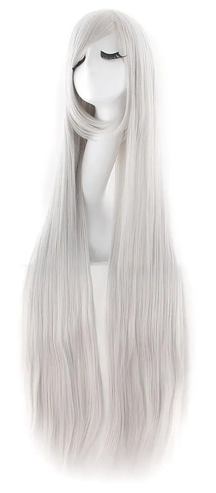 MapofBeauty Anime Long Straight Wig with Oblique Bangs, 100cm (39 Inch) Silver Gray | Heat Resistant Synthetic Fiber - main product image