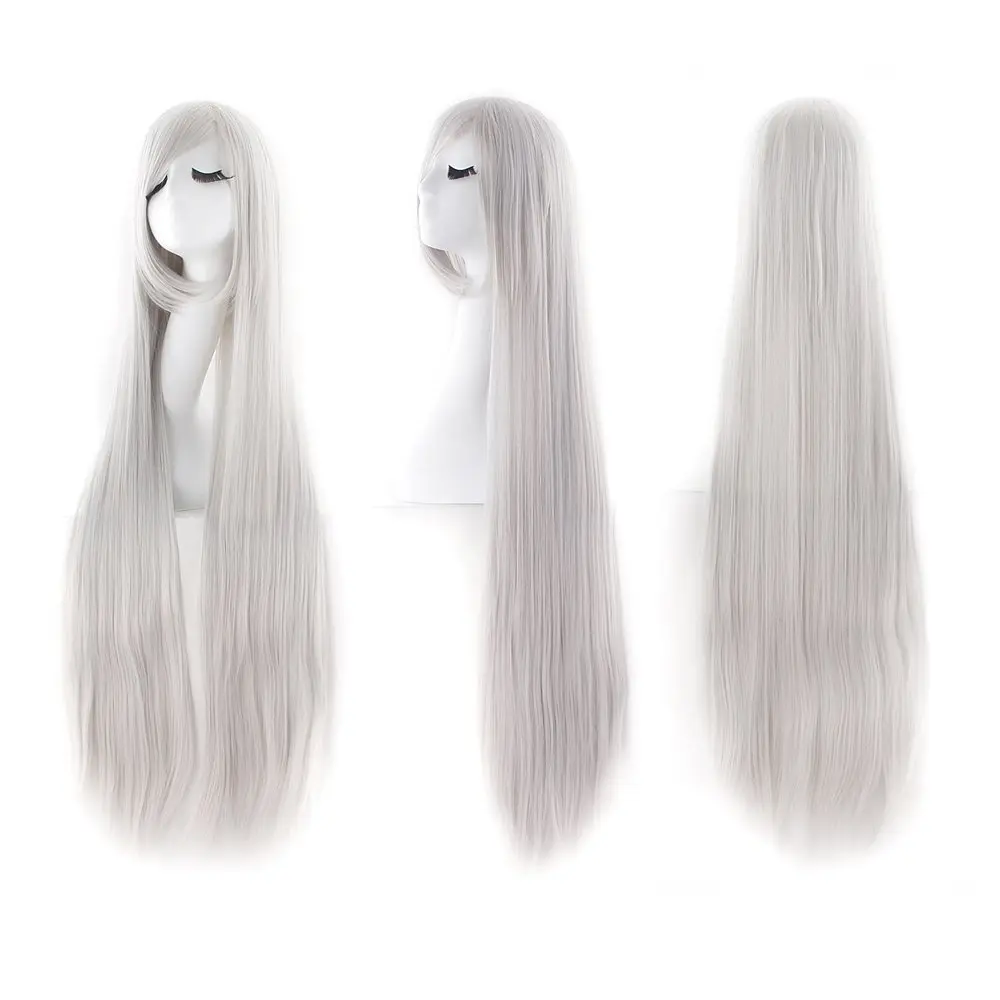 MapofBeauty Anime Long Straight Wig with Oblique Bangs, 100cm (39 Inch) Silver Gray | Heat Resistant Synthetic Fiber - view 4
