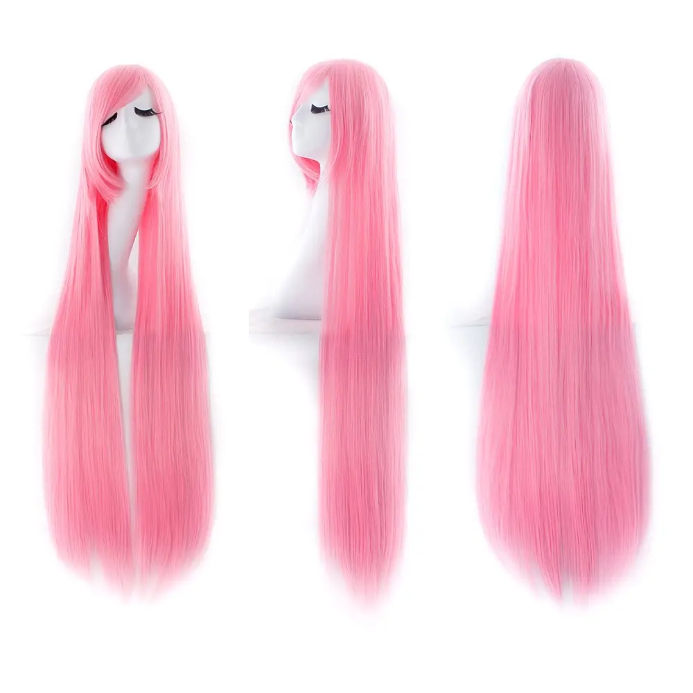 MapofBeauty Light Pink Anime Long Straight Wig 100cm (40 Inch) | Oblique Bangs Cosplay Hair - view 4