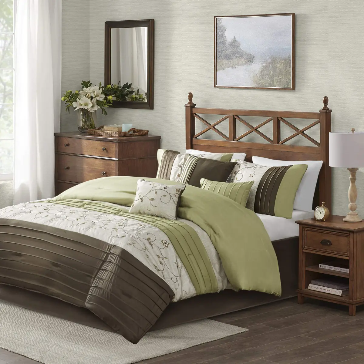 Madison Park Faux Silk Floral Embroidered Comforter Set, 7PC Queen | Elegant Floral Design with Soft Shine - main product image