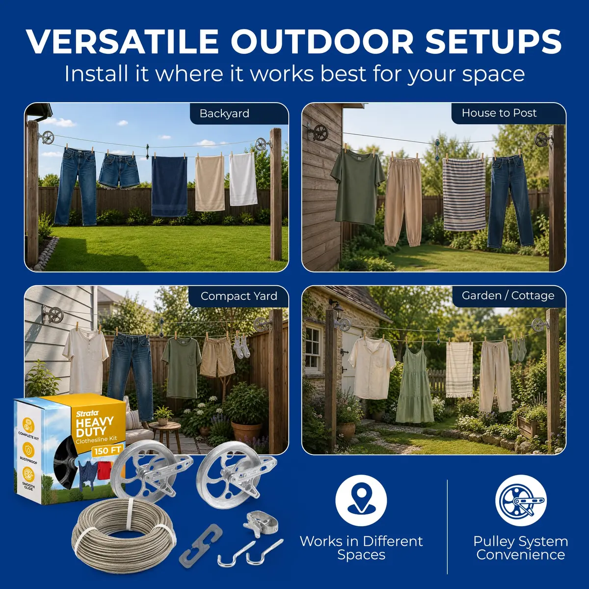 Strata Heavy-Duty Clothesline Kit, 150 ft Steel Cable | Outdoor Laundry Solution for India - view 6