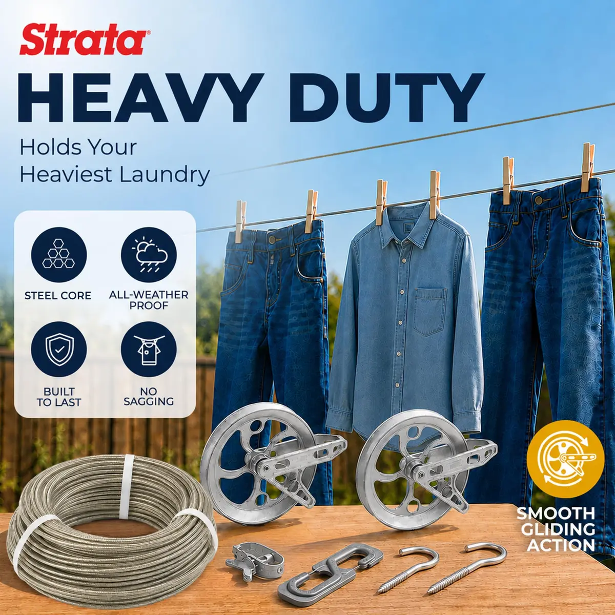 Strata Heavy-Duty Clothesline Kit, 150 ft Steel Cable | Outdoor Laundry Solution for India - view 3