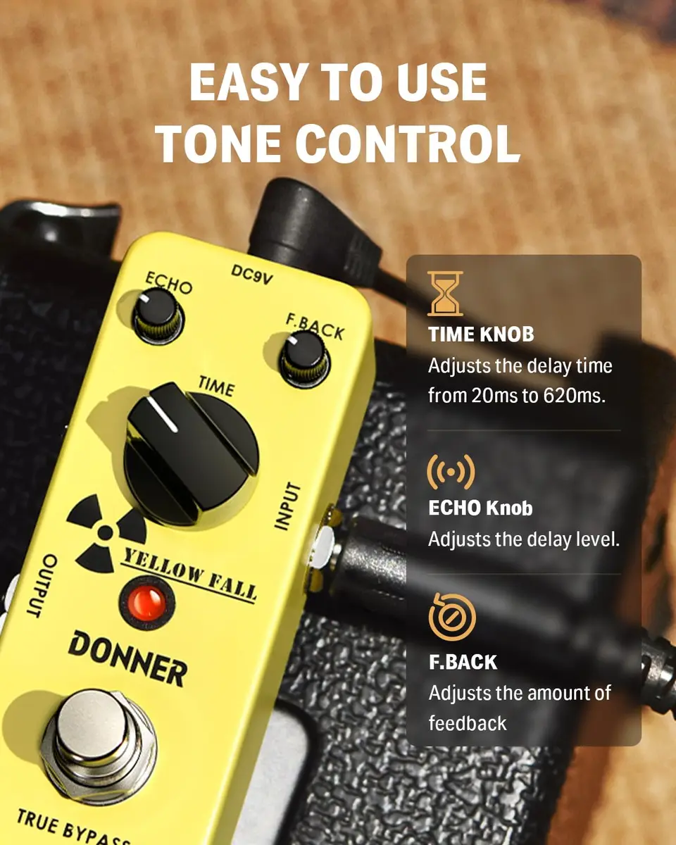 Donner Guitar Delay Pedal Yellow Fall | Vintage Analog Delay, True Bypass, Compact 9V Effect Pedal - view 3