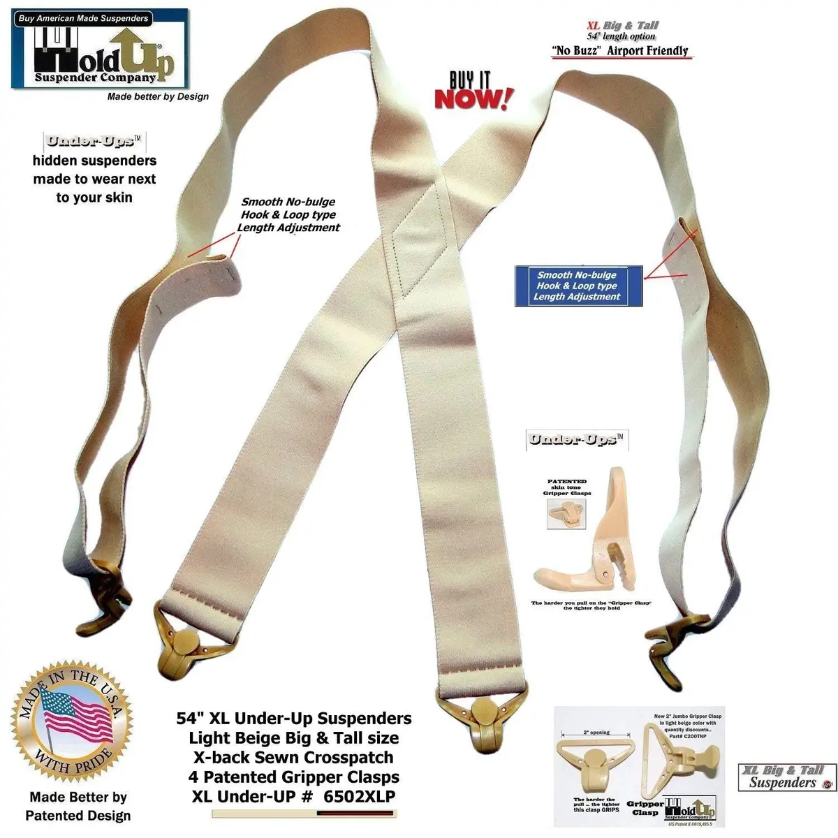 Hold-Up Suspender Co. Tan XL 2-Inch X-Back Under-Ups Suspenders | Airport Friendly Hidden Wear - view 4