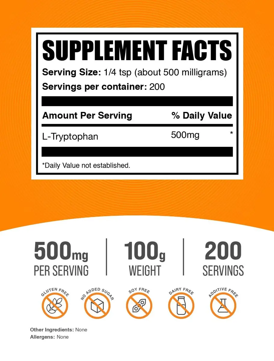 BulkSupplements L-Tryptophan Powder 500mg | Gluten Free, 100g | Supports Sleep & Mood - view 2