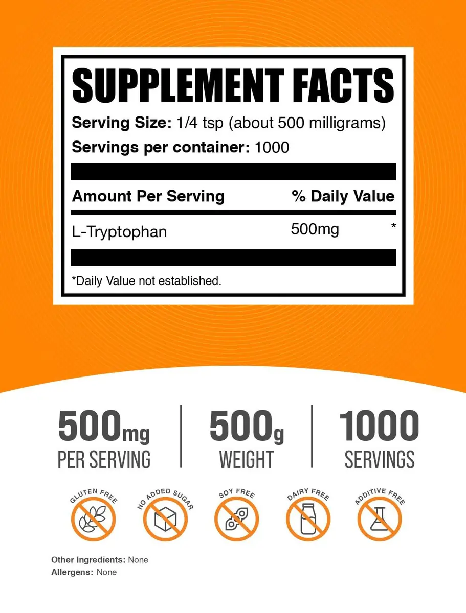 BulkSupplements L-Tryptophan Powder 500mg | Gluten Free, 500g (1.1 lbs) | Supports Sleep & Mood - view 2