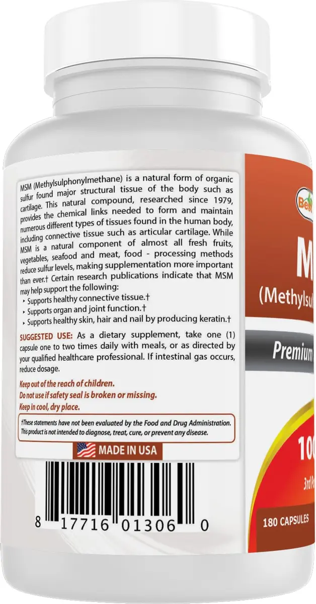 Best Naturals MSM 1000 mg 180 Capsules | Supports Bone & Joint Health, USA Import - view 7