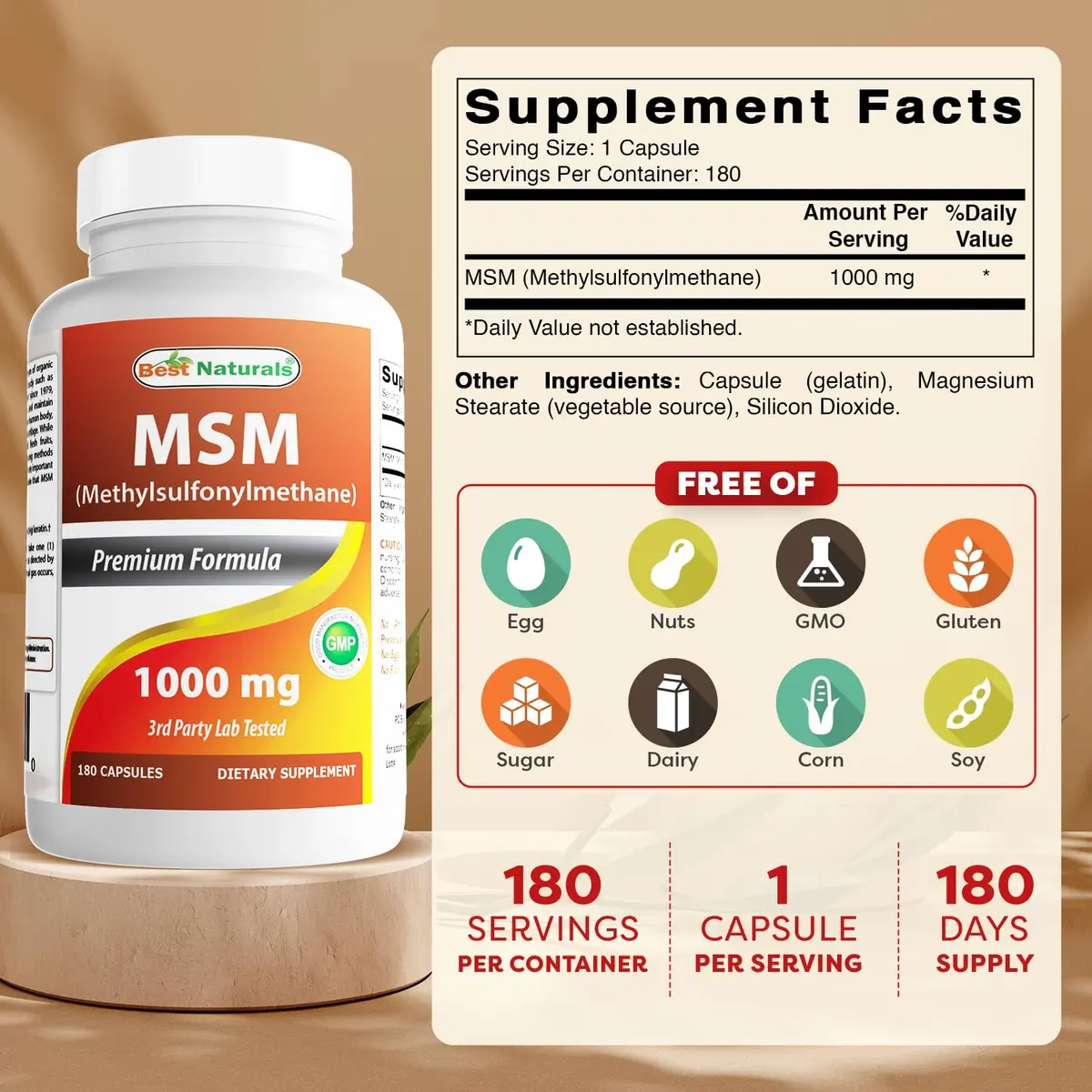 Best Naturals MSM 1000 mg 180 Capsules | Supports Bone & Joint Health, USA Import - view 2