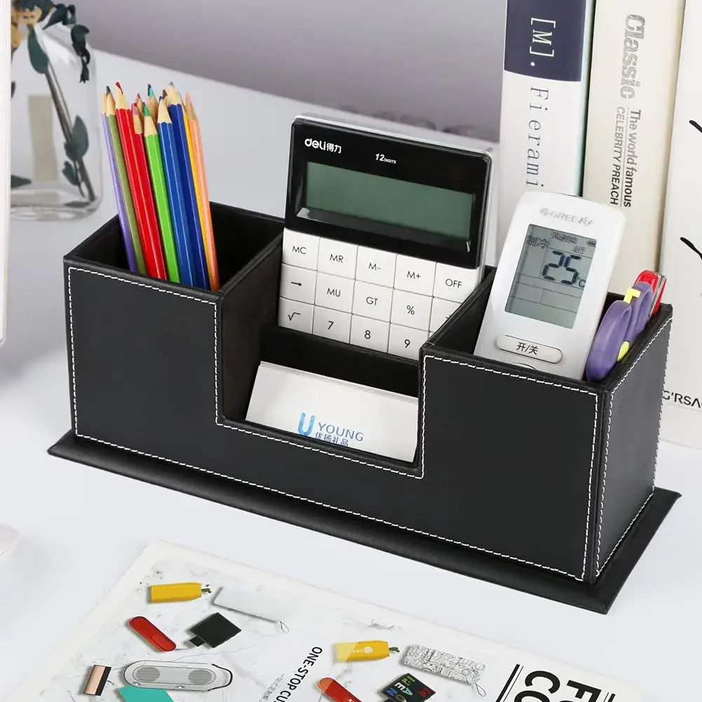 KINGFOM Double Holder Leather Desk Organizer 29.5cm (11.6in) | Organizes Pens, Phones, and Office Supplies - view 6