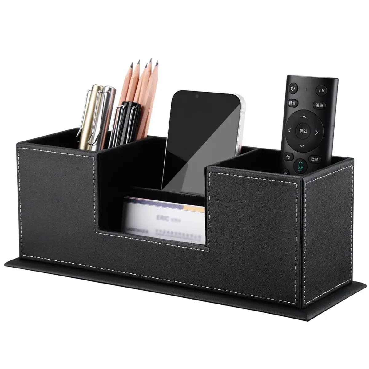 KINGFOM Double Holder Leather Desk Organizer 29.5cm (11.6in) | Organizes Pens, Phones, and Office Supplies - main product image