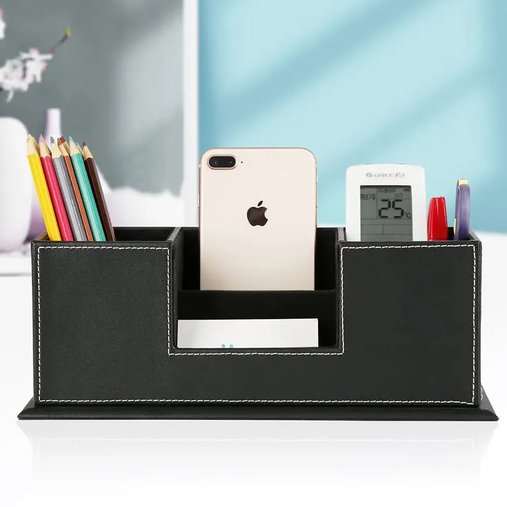 KINGFOM Double Holder Leather Desk Organizer 29.5cm (11.6in) | Organizes Pens, Phones, and Office Supplies - view 7