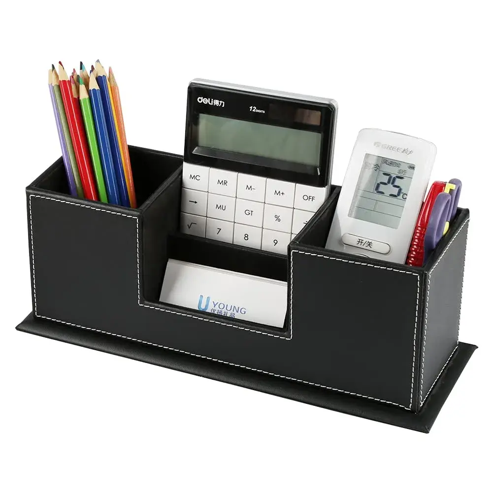 KINGFOM Double Holder Leather Desk Organizer 29.5cm (11.6in) | Organizes Pens, Phones, and Office Supplies - view 2