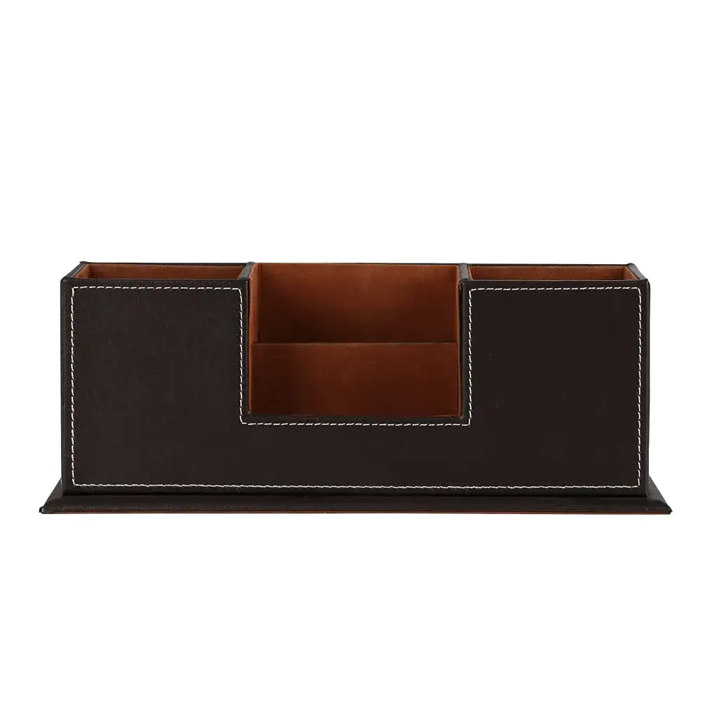 KINGFOM Double Holder Wood Leather Desk Organizer 29.5cm (11.6in) | 4 Compartments for Pens, Phones, Remotes - view 4