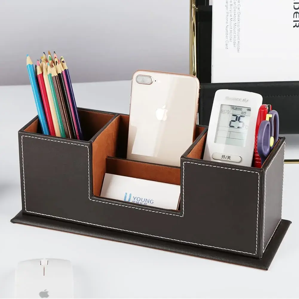 KINGFOM Double Holder Wood Leather Desk Organizer 29.5cm (11.6in) | 4 Compartments for Pens, Phones, Remotes - view 5