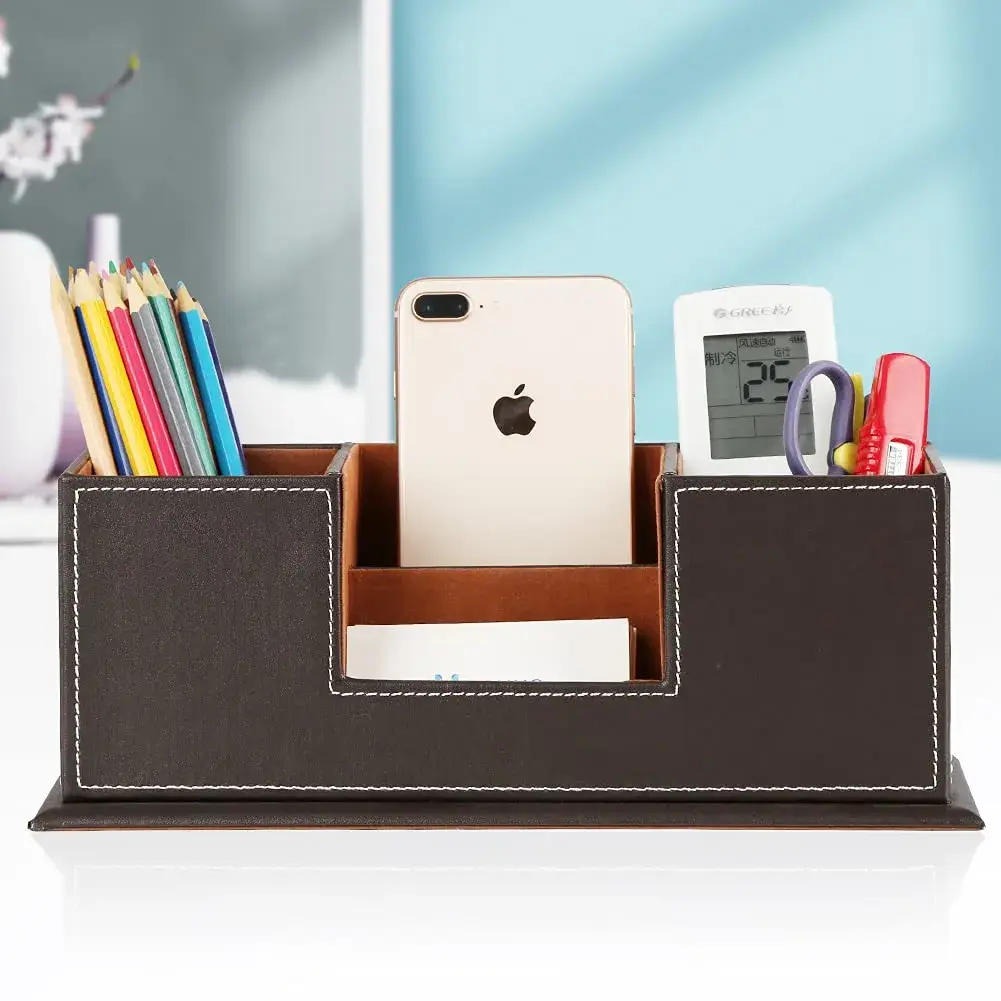 KINGFOM Double Holder Wood Leather Desk Organizer 29.5cm (11.6in) | 4 Compartments for Pens, Phones, Remotes - view 6