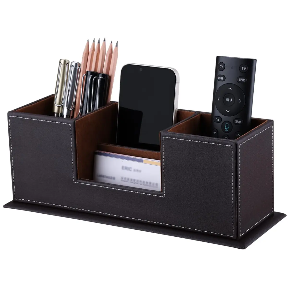 KINGFOM Double Holder Wood Leather Desk Organizer 29.5cm (11.6in) | 4 Compartments for Pens, Phones, Remotes - main product image