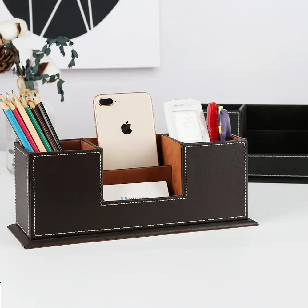 KINGFOM Double Holder Wood Leather Desk Organizer 29.5cm (11.6in) | 4 Compartments for Pens, Phones, Remotes - view 7