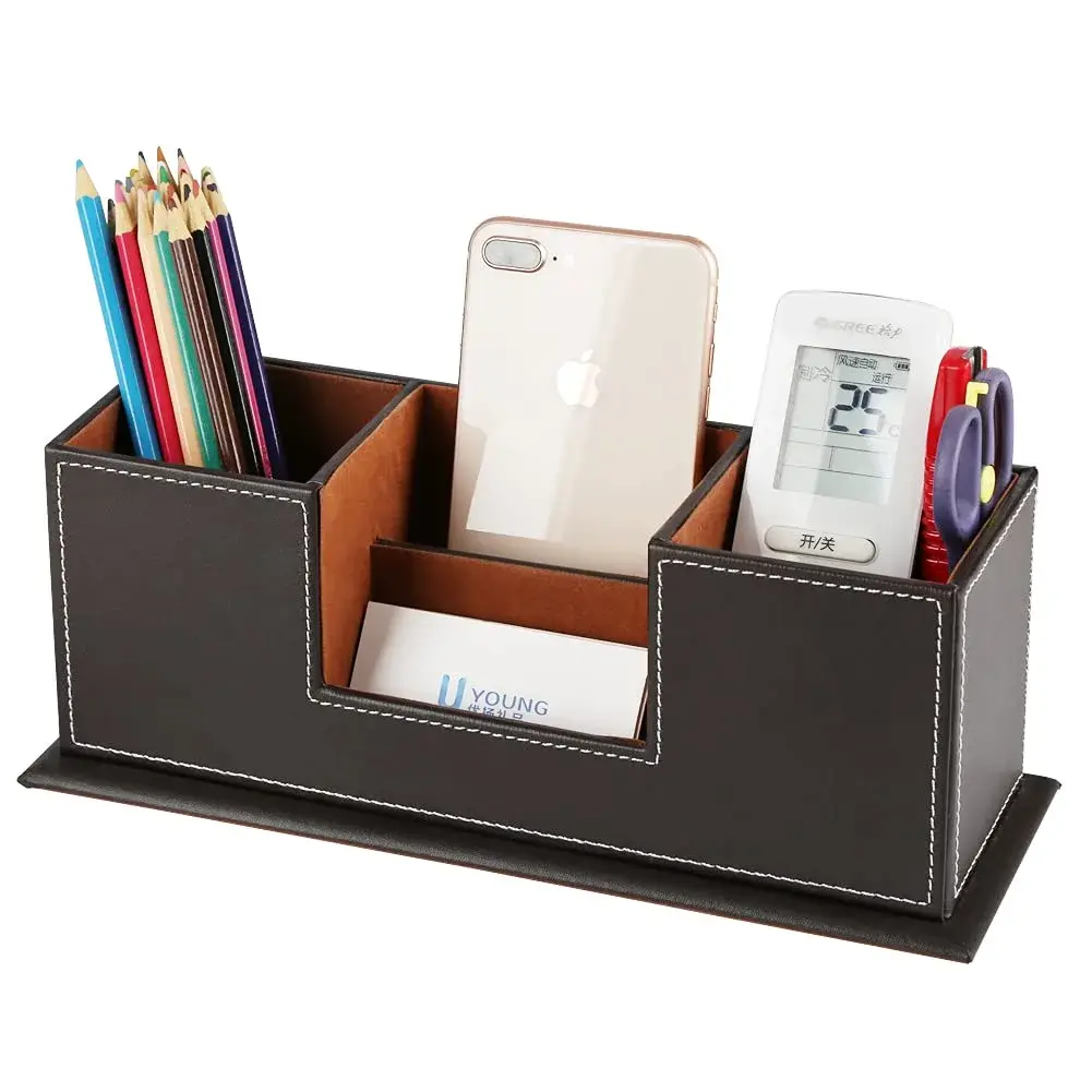 KINGFOM Double Holder Wood Leather Desk Organizer 29.5cm (11.6in) | 4 Compartments for Pens, Phones, Remotes - view 2
