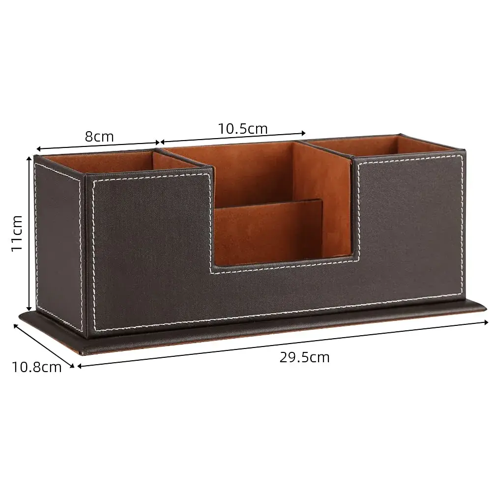 KINGFOM Double Holder Wood Leather Desk Organizer 29.5cm (11.6in) | 4 Compartments for Pens, Phones, Remotes - view 3