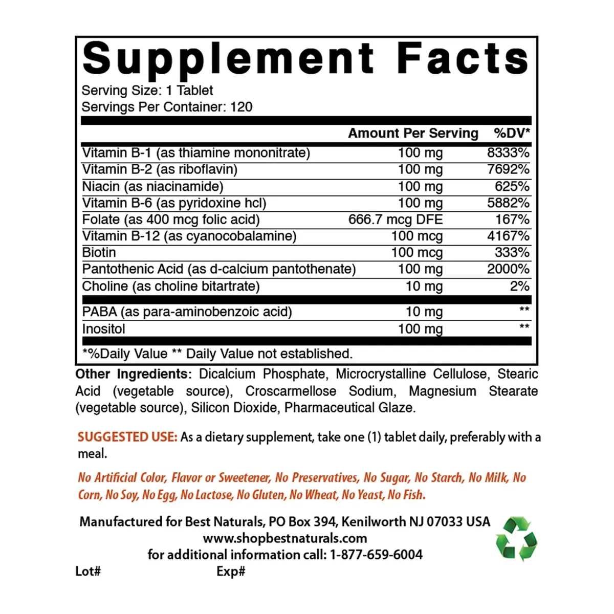 Best Naturals B-100 Complex Vitamin Tablets 120 Count | Supports Cellular Energy Production - view 2