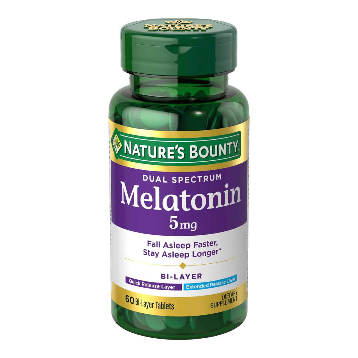 Nature's Bounty Melatonin 5mg Dual Spectrum Bi-Layer Tablets 60 Count (1.7 oz) | Drug-Free Sleep Aid for Occasional Sleeplessness - main product image